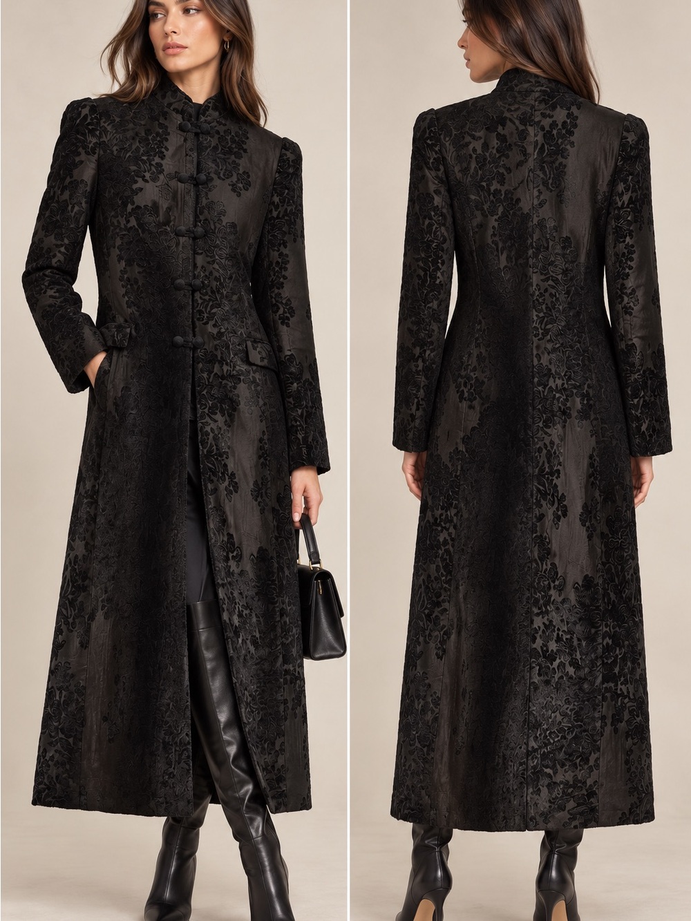 Zara ZW Collection Limited Edition Black Velvet Long Jacquard Coat